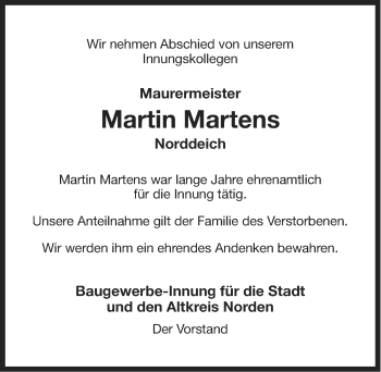 Traueranzeige von Martin Martens von Ostfriesischer Kurier