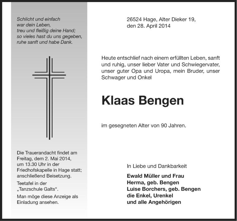  Traueranzeige für Klaas Bengen vom 29.04.2014 aus Ostfriesischer Kurier
