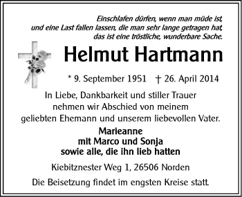 Traueranzeige von Helmut Hartmann von Ostfriesischer Kurier