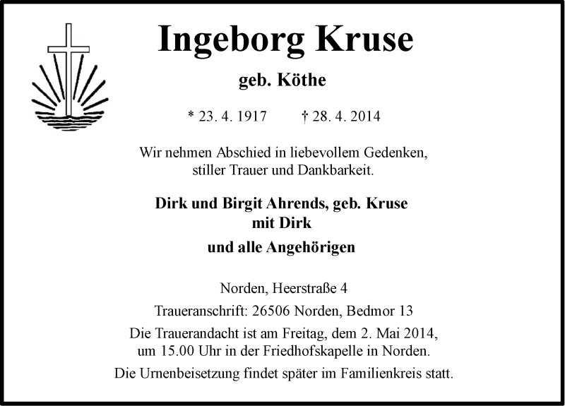  Traueranzeige für Ingeborg Kruse vom 30.04.2014 aus Ostfriesischer Kurier
