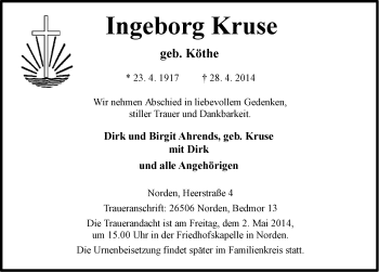 Traueranzeige von Ingeborg Kruse von Ostfriesischer Kurier