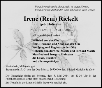 Traueranzeige von Irene  Rickelt von Ostfriesischer Kurier