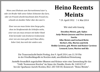 Traueranzeige von Heino Reemts Meints von Ostfriesischer Kurier