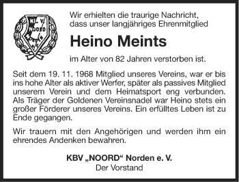 Traueranzeige von Heino Meints von Ostfriesischer Kurier