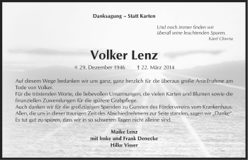 Traueranzeige von Volker Lenz von Ostfriesischer Kurier