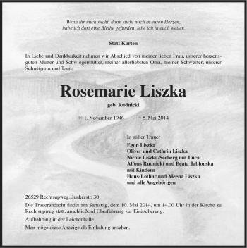 Traueranzeige von Rosemarie Liszka von Ostfriesischer Kurier