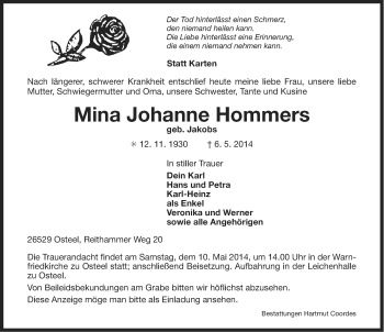 Traueranzeige von Mina Johanne Hommers von Ostfriesischer Kurier