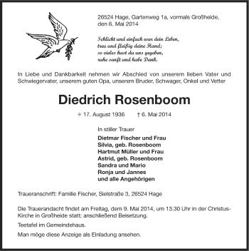 Traueranzeige von Diedrich Rosenboom von Ostfriesischer Kurier