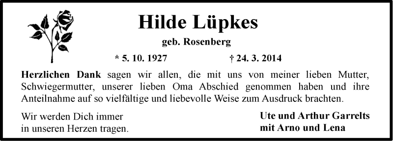  Traueranzeige für Hilde Lüpkes vom 10.05.2014 aus Ostfriesischer Kurier