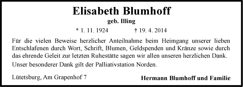  Traueranzeige für Elisabeth Blumhoff vom 10.05.2014 aus Ostfriesischer Kurier