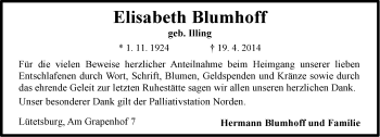Traueranzeige von Elisabeth Blumhoff von Ostfriesischer Kurier