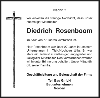Traueranzeige von Diedrich Rosenboom von Ostfriesischer Kurier