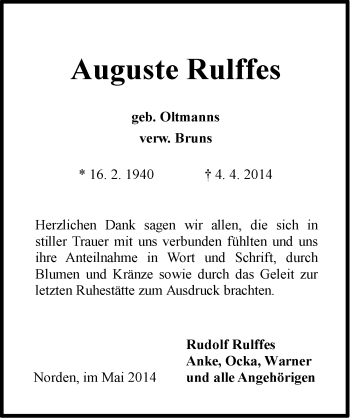 Traueranzeige von Auguste Rulffes von Ostfriesischer Kurier