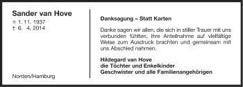 Traueranzeige von Sander van Hove von Ostfriesischer Kurier