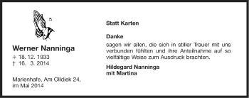 Traueranzeige von Werner Nanninga von Ostfriesischer Kurier