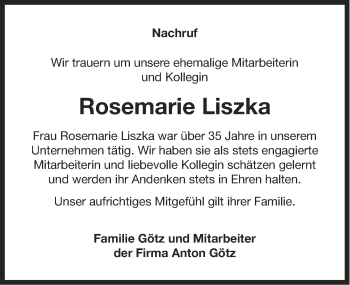 Traueranzeige von Rosemarie Liszka von Ostfriesischer Kurier