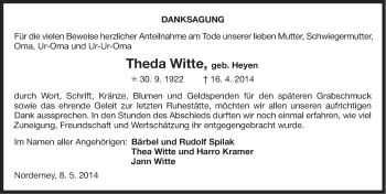 Traueranzeige von Theda Witte von Ostfriesischer Kurier