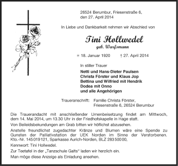 Traueranzeige von Tini Hollwedel von Ostfriesischer Kurier