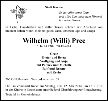 Traueranzeige von Wilhelm Pree von Ostfriesischer Kurier