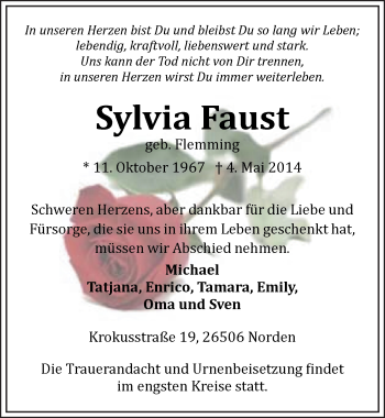 Traueranzeige von Sylvia Faust von Ostfriesischer Kurier