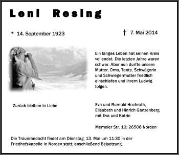 Traueranzeige von Leni Resing von Ostfriesischer Kurier