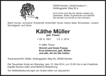 Traueranzeige von Käthe Müller von Ostfriesischer Kurier