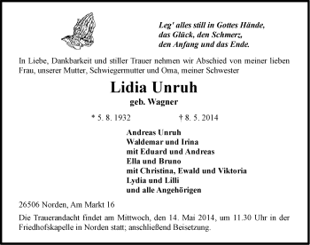 Traueranzeige von Lidia Unruh von Ostfriesischer Kurier