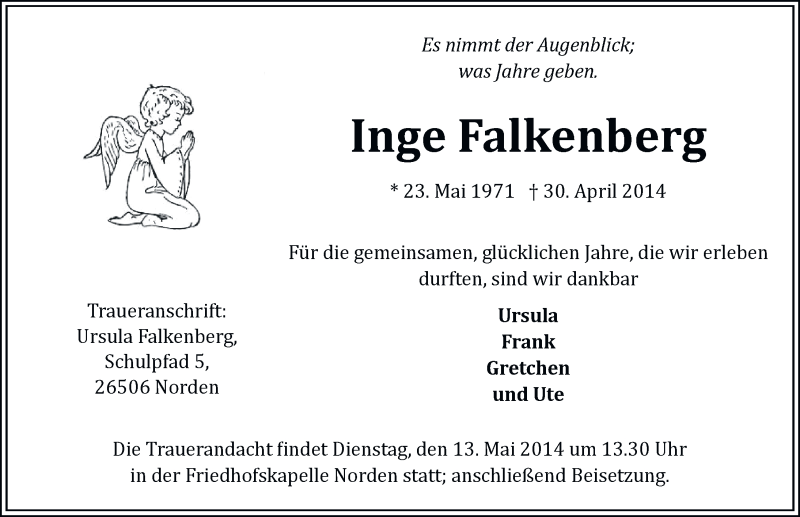  Traueranzeige für Inge Falkenberg vom 10.05.2014 aus Ostfriesischer Kurier