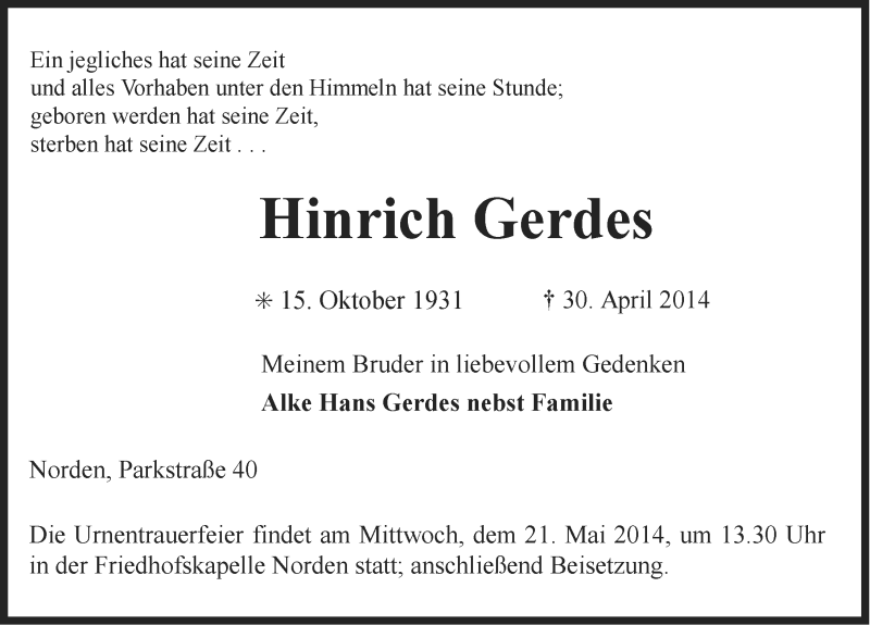  Traueranzeige für Hinrich Gerdes vom 17.05.2014 aus Ostfriesischer Kurier