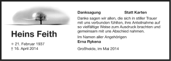 Traueranzeige von Heins Feith von Ostfriesischer Kurier