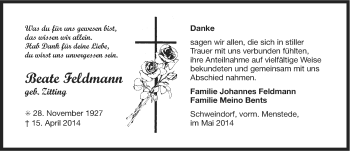 Traueranzeige von Beate Feldmann von Ostfriesischer Kurier