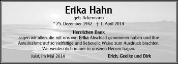 Traueranzeige von Erika Hahn von Ostfriesischer Kurier