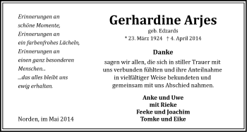 Traueranzeige von Gerhardine Arjes von Ostfriesischer Kurier