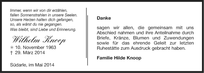  Traueranzeige für Wilhelm Knoop vom 17.05.2014 aus Ostfriesischer Kurier