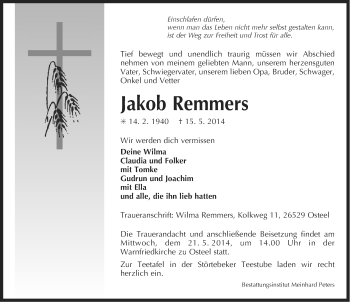Traueranzeige von Jakob Remmers von Ostfriesischer Kurier