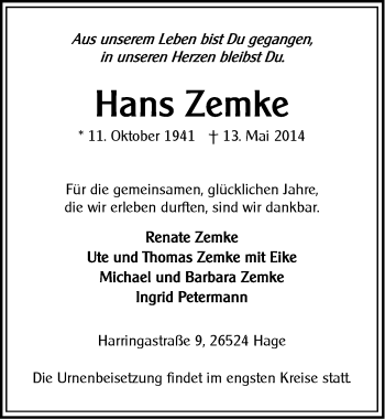 Traueranzeige von Hans Zemke von Ostfriesischer Kurier