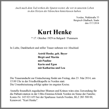 Traueranzeige von Kurt Henke von Ostfriesischer Kurier