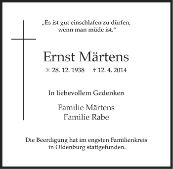 Traueranzeige von Ernst Märtens von Ostfriesischer Kurier