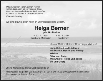 Traueranzeige von Helga Berner von Ostfriesischer Kurier