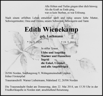 Traueranzeige von Edith Wienekamp von Ostfriesischer Kurier