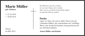 Traueranzeige von Marie Müller von Ostfriesischer Kurier
