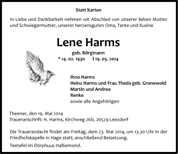 Traueranzeige von Lene Harms von Ostfriesischer Kurier