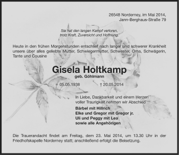 Traueranzeige von Gisela Holtkamp von Ostfriesischer Kurier