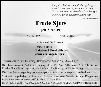 Traueranzeige von Trude Sjuts von Ostfriesischer Kurier