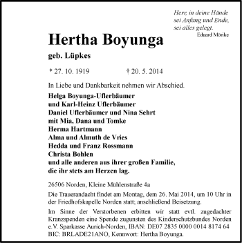 Traueranzeige von Hertha Boyunga von Ostfriesischer Kurier
