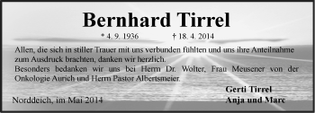 Traueranzeige von Bernhard Tirrel von Ostfriesischer Kurier