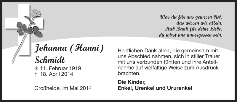 Traueranzeige für Johanna Schmidt vom 24.05.2014 aus Ostfriesischer Kurier