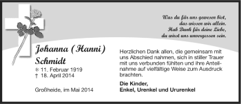 Traueranzeige von Johanna Schmidt von Ostfriesischer Kurier