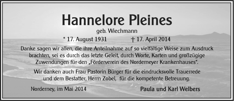  Traueranzeige für Hannelore Pleines vom 24.05.2014 aus Ostfriesischer Kurier