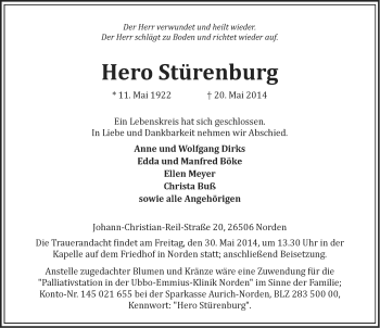 Traueranzeige von Hero Stürenburg von Ostfriesischer Kurier
